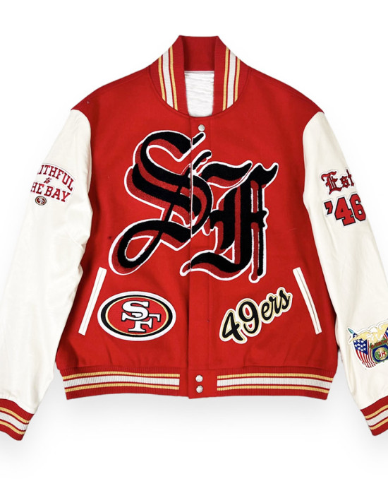 JH San Francisco 49ers Red and Off White Varsity Jacket JH San Francisco 49ers Red and Off White Varsity Jacket