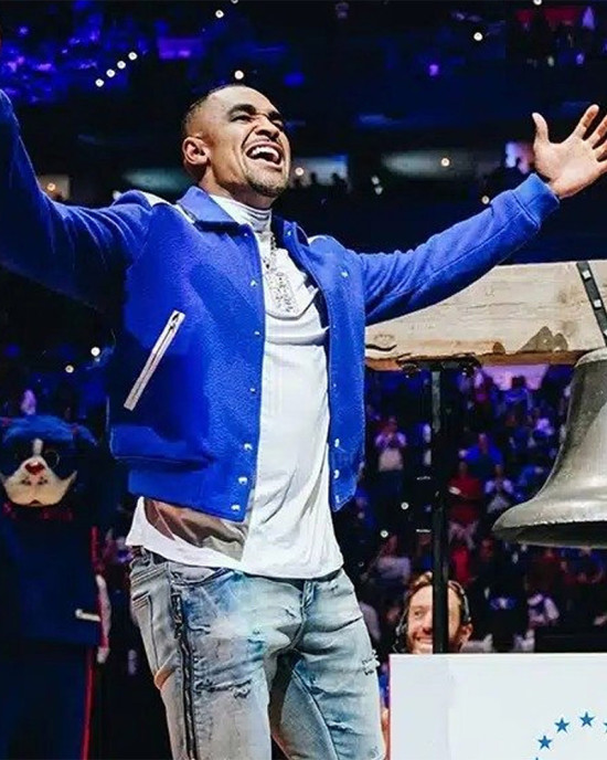 Jalen Hurts Amiri Blue Varsity Jacket Jalen Hurts Amiri Blue Varsity Jacket