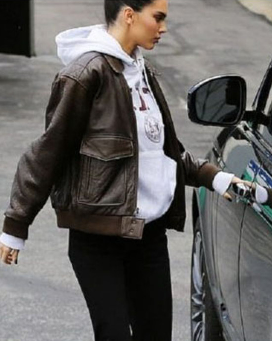 Kendall Jenner Brown Bomber Leather Jacket Kendall Jenner Brown Bomber Leather Jacket
