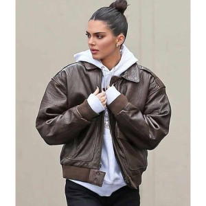 Kendall Jenner Brown Bomber Leather Jacket