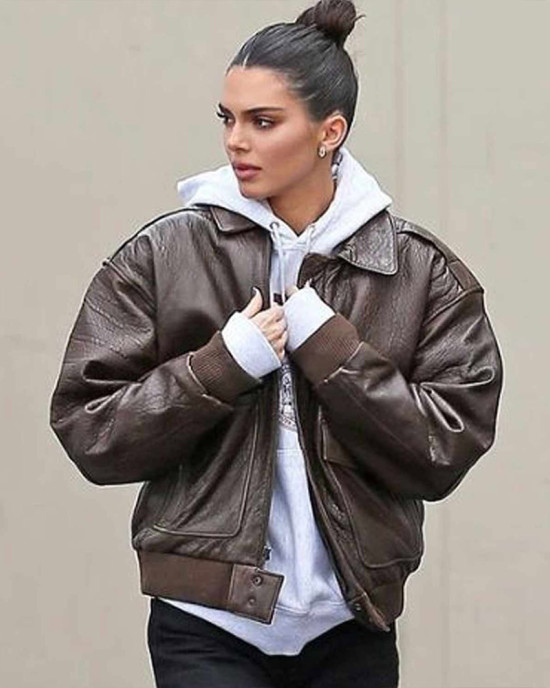Kendall Jenner Brown Bomber Leather Jacket Kendall Jenner Brown Bomber Leather Jacket