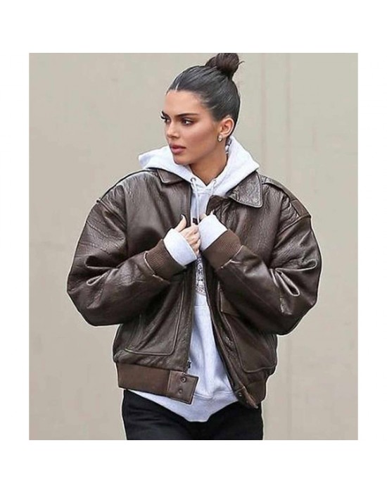 Kendall Jenner Brown Bomber Leather Jacket