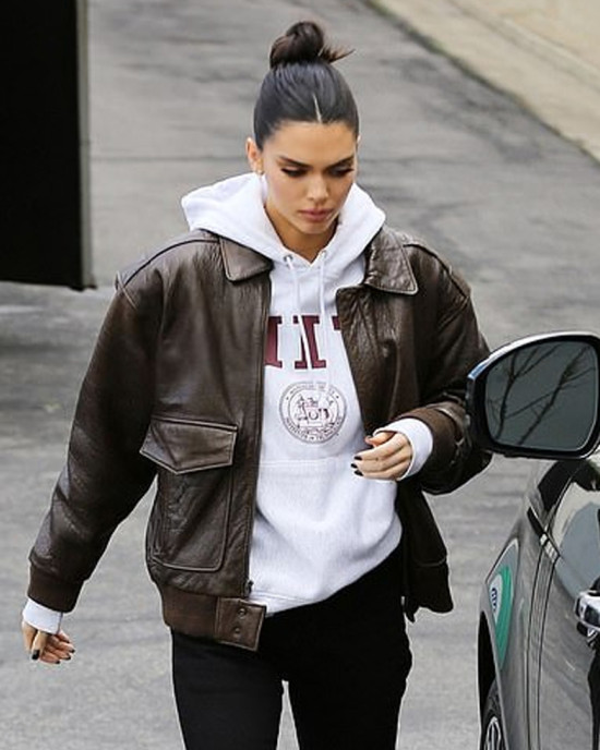 Kendall Jenner Brown Bomber Leather Jacket Kendall Jenner Brown Bomber Leather Jacket