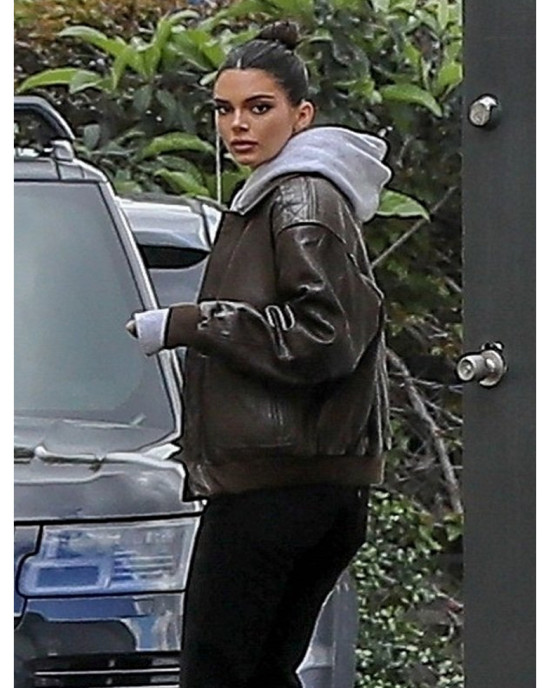 Kendall Jenner Brown Bomber Leather Jacket Kendall Jenner Brown Bomber Leather Jacket