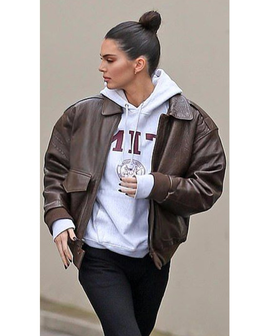 Kendall Jenner Brown Bomber Leather Jacket Kendall Jenner Brown Bomber Leather Jacket