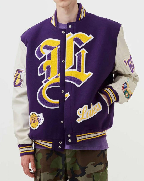 LA Lakers Letterman Purple Wool and White Leather Jacket LA Lakers Letterman Purple Wool and White Leather Jacket