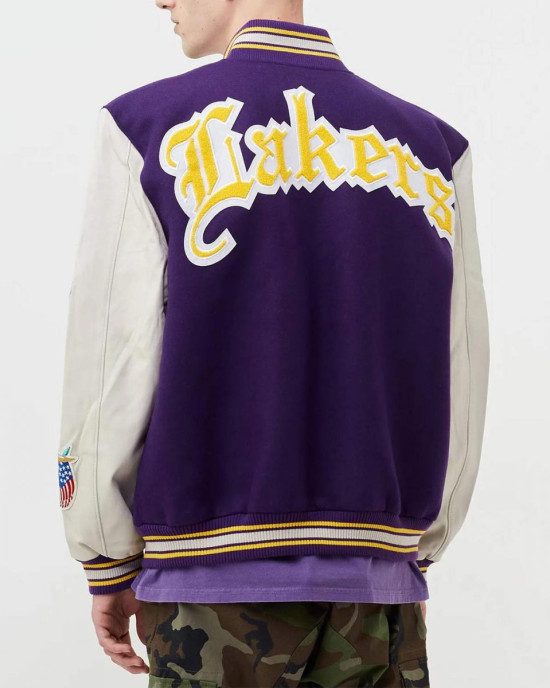 LA Lakers Letterman Purple Wool and White Leather Jacket LA Lakers Letterman Purple Wool and White Leather Jacket