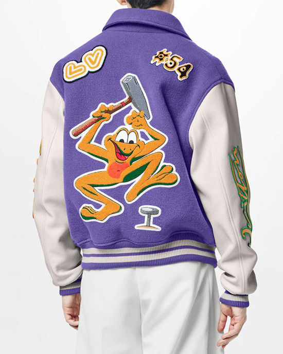LV Purple and White Cartoon Wool Varsity Jacket LV Purple and White Cartoon Wool Varsity Jacket