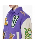 LV Purple and White Cartoon Wool Varsity Jacket