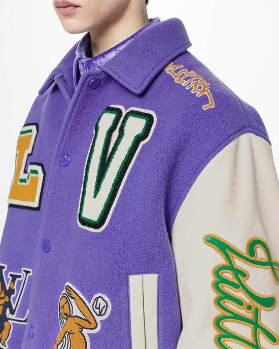 LV Purple and White Cartoon Wool Varsity Jacket LV Purple and White Cartoon Wool Varsity Jacket