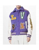 LV Purple and White Cartoon Wool Varsity Jacket