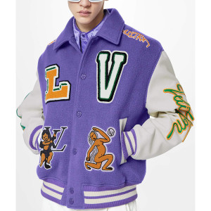 LV Purple and White Cartoon Wool Varsity Jacket