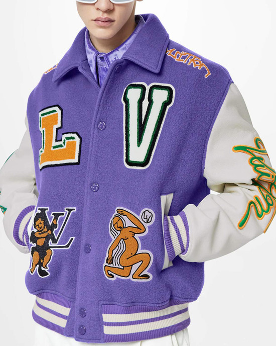 LV Purple and White Cartoon Wool Varsity Jacket LV Purple and White Cartoon Wool Varsity Jacket