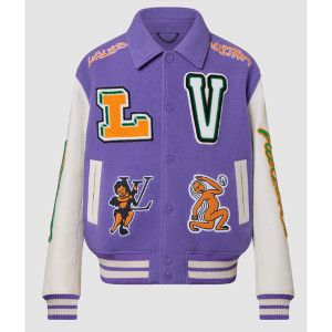 LV Purple and White Cartoon Wool Varsity Jacket