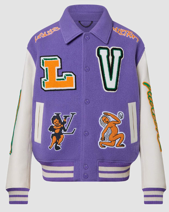 LV Purple and White Cartoon Wool Varsity Jacket LV Purple and White Cartoon Wool Varsity Jacket