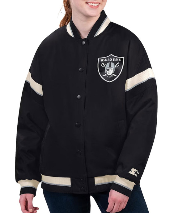 Las Vegas Raiders Tournament Black Varsity Jacket Las Vegas Raiders Tournament Black Varsity Jacket