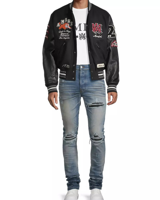 Men's Amiri Wool-Blend Varsity Bomber Jacket Men's Amiri Wool-Blend Varsity Bomber Jacket