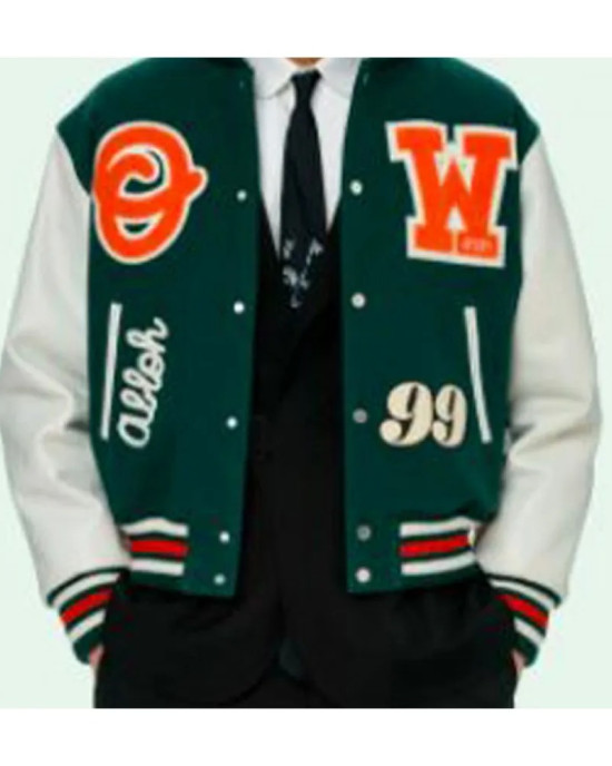 Men's Barrel Off White Varsity Jacket Green Men's Barrel Off White Varsity Jacket Green