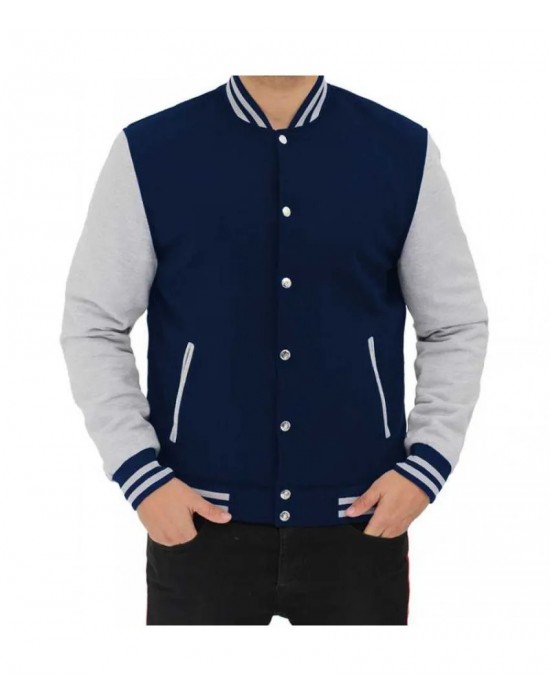 Men's Baseball Style Grey and Blue Varsity Jacket