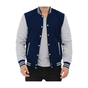 Men's Baseball Style Grey and Blue Varsity Jacket