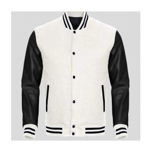 Men's Black Leather and White Fleece Varsity Jacket