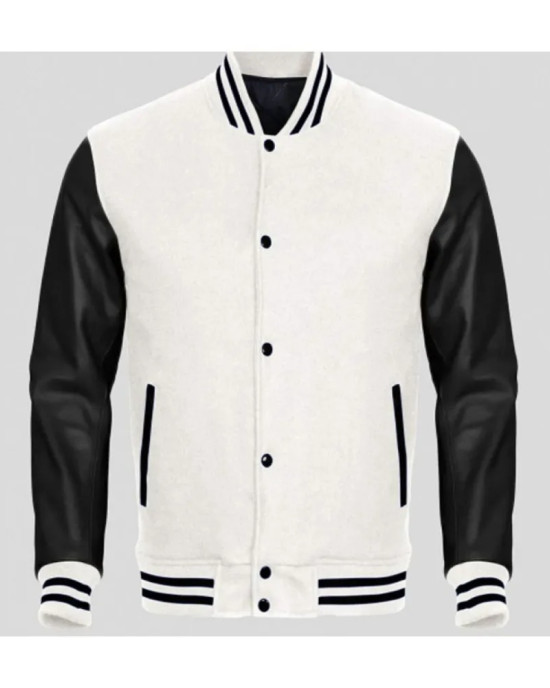 Men's Black Leather and White Fleece Varsity Jacket Men's Black Leather and White Fleece Varsity Jacket