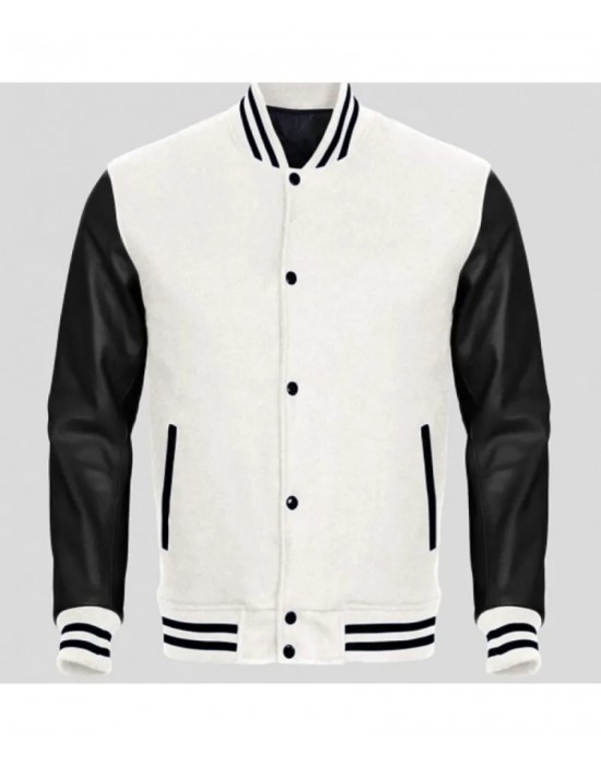 Men's Black Leather and White Fleece Varsity Jacket
