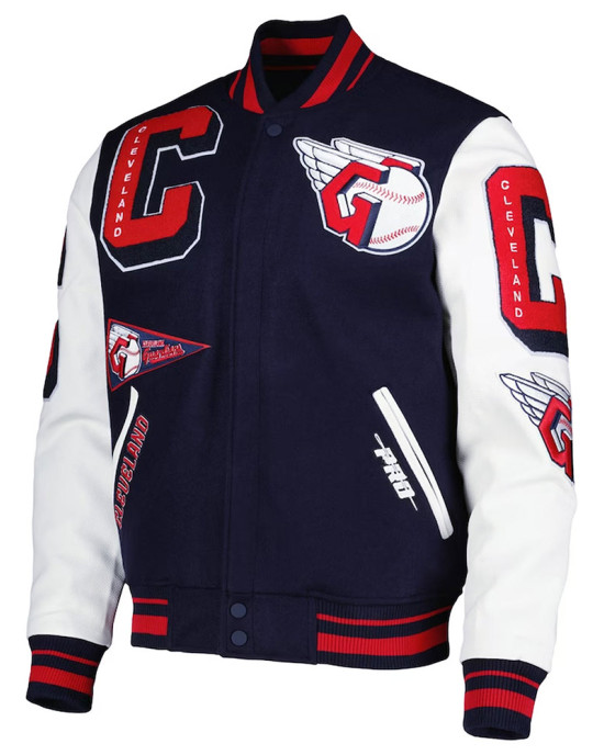Men's Cleveland Guardians Mash Up Logo Varsity Navy Jacket Men's Cleveland Guardians Mash Up Logo Varsity Navy Jacket