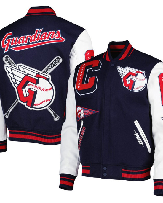 Men's Cleveland Guardians Mash Up Logo Varsity Navy Jacket Men's Cleveland Guardians Mash Up Logo Varsity Navy Jacket