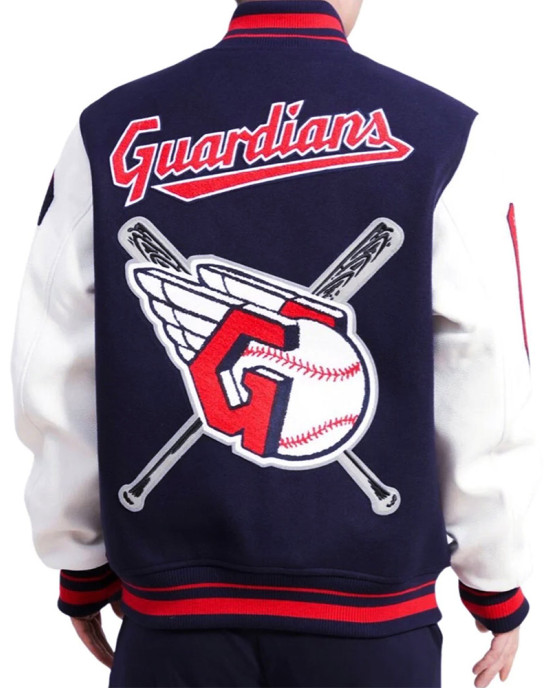 Men's Cleveland Guardians Mash Up Logo Varsity Navy Jacket Men's Cleveland Guardians Mash Up Logo Varsity Navy Jacket