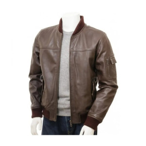 Men's Dark Brown Classic Elegant Leather Bomber Jacket
