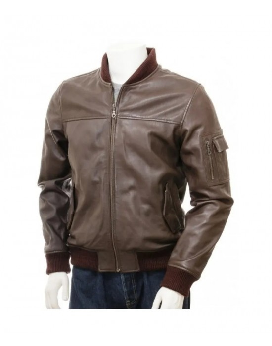 Men's Dark Brown Classic Elegant Leather Bomber Jacket