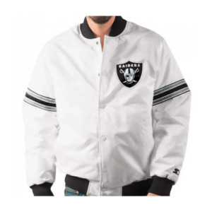 Men's Raiders White Satin Varsity Bomber Jacket