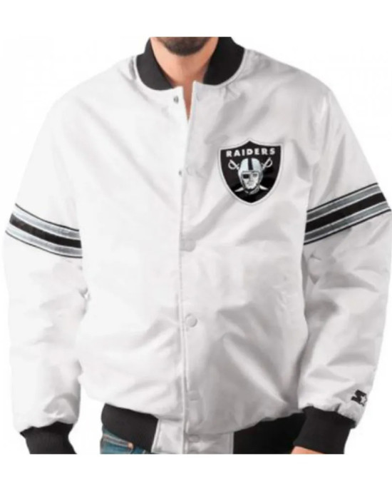 Men's Raiders White Satin Varsity Bomber Jacket Men's Raiders White Satin Varsity Bomber Jacket