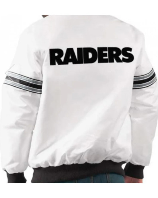 Men's Raiders White Satin Varsity Bomber Jacket Men's Raiders White Satin Varsity Bomber Jacket