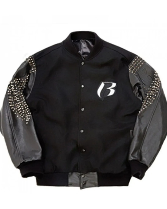 Men's Ruff Ryders Black Varsity Studded Jacket Men's Ruff Ryders Black Varsity Studded Jacket