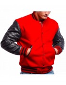 Men's Varsity Bomber Red Wool and Leather Jacket