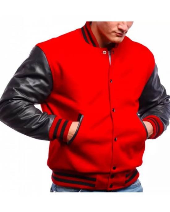 Men's Varsity Bomber Red Wool and Leather Jacket Men's Varsity Bomber Red Wool and Leather Jacket