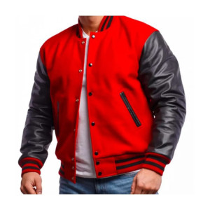 Men's Varsity Bomber Red Wool and Leather Jacket