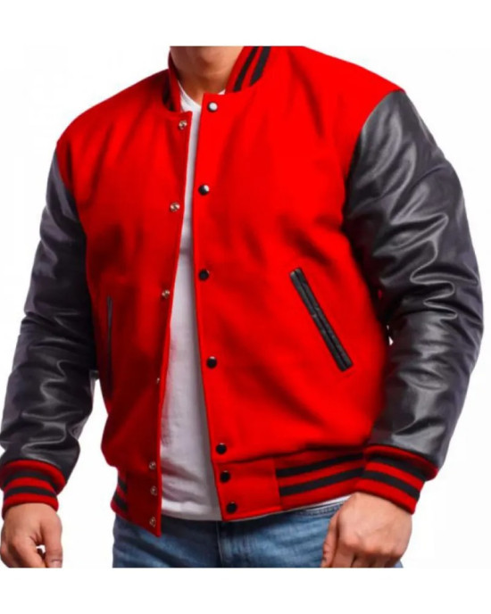 Men's Varsity Bomber Red Wool and Leather Jacket Men's Varsity Bomber Red Wool and Leather Jacket