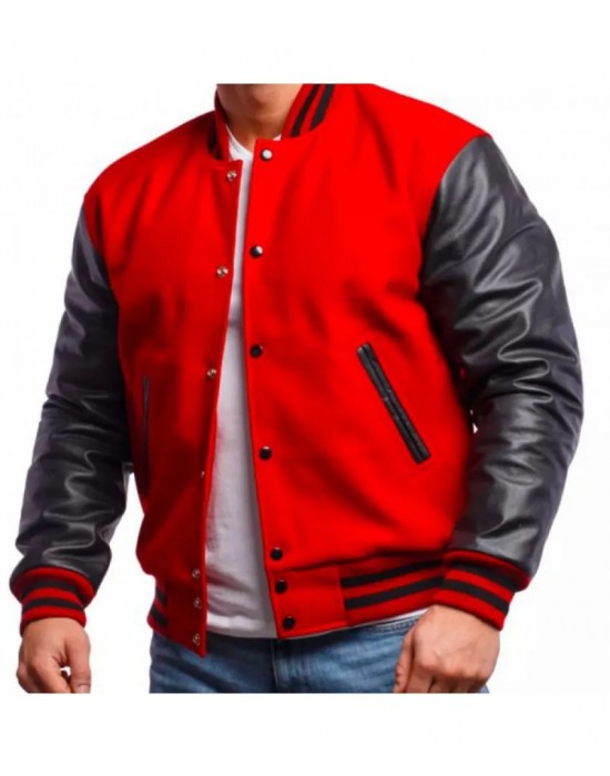 Men's Varsity Bomber Red Wool and Leather Jacket