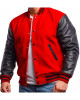 Men's Varsity Bomber Red Wool and Leather Jacket Men's Varsity Bomber Red Wool and Leather Jacket
