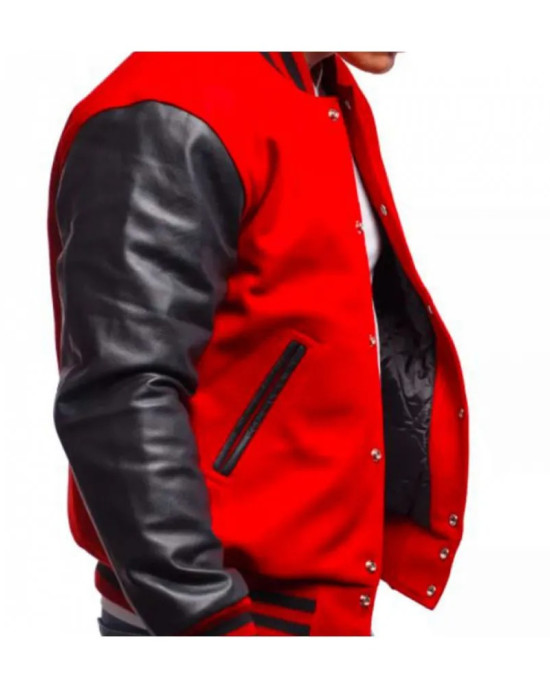 Men's Varsity Bomber Red Wool and Leather Jacket Men's Varsity Bomber Red Wool and Leather Jacket