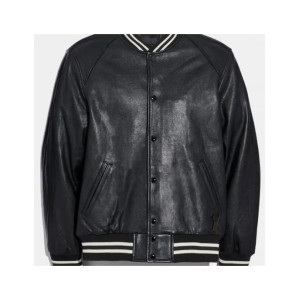 Men's Varsity Bomber Snap Tab Closure Black Leather Jacket