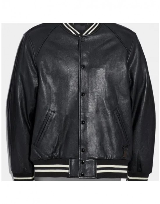Men's Varsity Bomber Snap Tab Closure Black Leather Jacket