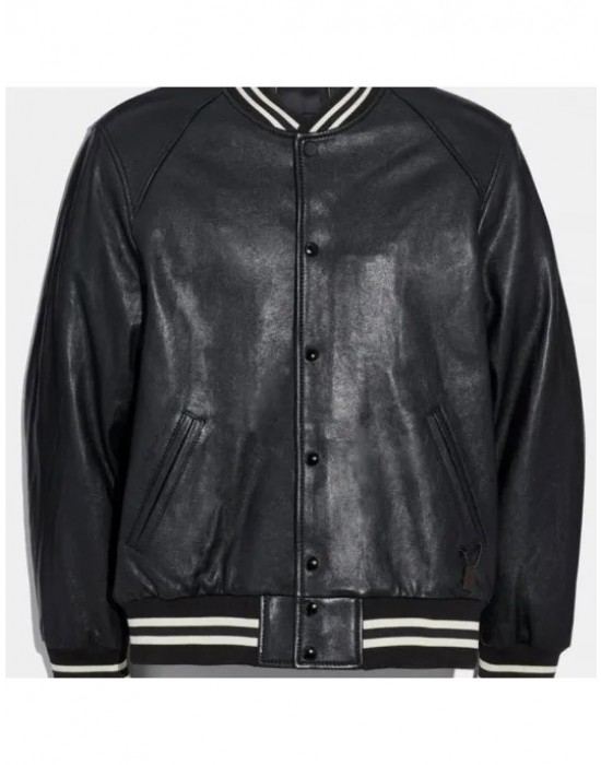 Men's Varsity Bomber Snap Tab Closure Black Leather Jacket