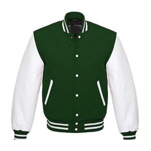 Men's White and Green Leather Bomber Varsity Jacket