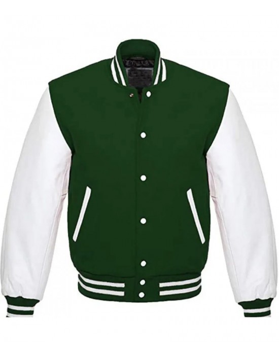 Men's White and Green Leather Bomber Varsity Jacket