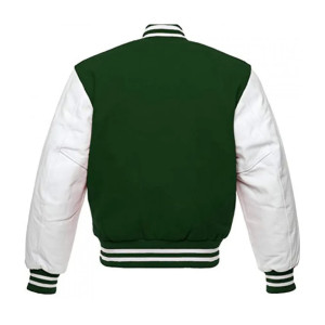 Men's White and Green Leather Bomber Varsity Jacket