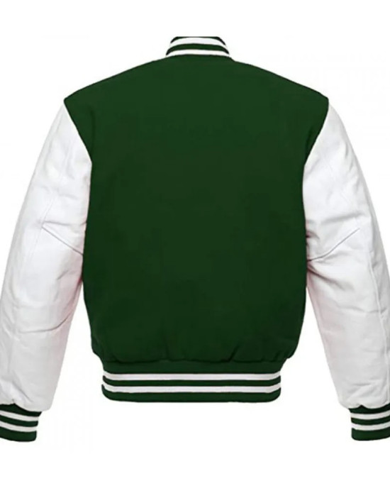 Men's White and Green Leather Bomber Varsity Jacket Men's White and Green Leather Bomber Varsity Jacket